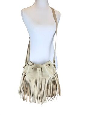 Alberta Di Canio Made In Italy Leather Fringe Bucket Bag Cream Boho Hippie